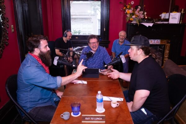 Chris Trew, audio engineer Blake Langlinais, Peter Ricchiuti, producer Grant Morris,and PIckle, Out to Lunch at Columns on St Charles Avenue