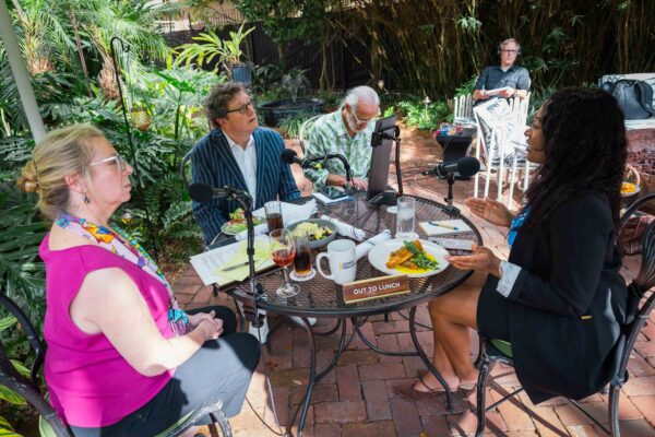 Judy Harris, Peter Ricchiuti, Producer Grant Morris, Technical Director Eric Murrell, and Angelica Harris, Out to Lunch in the courtyard at Columns on St Charles Avenue in Uptown New Orleans