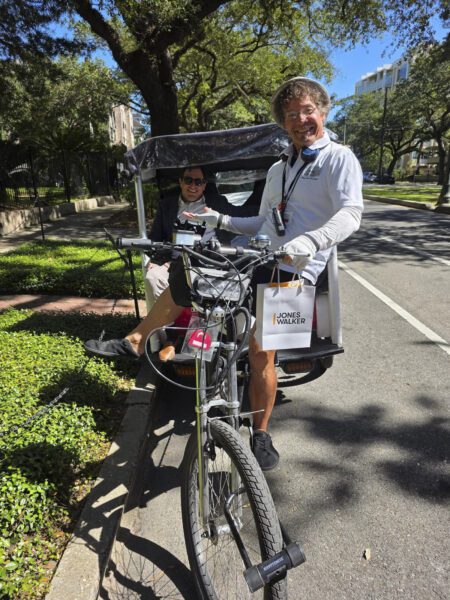 Bike Law attorney Charlie Thomas and pedicab rider Tree hit the road after Out to Lunch at Columns in Uptown New Orleans